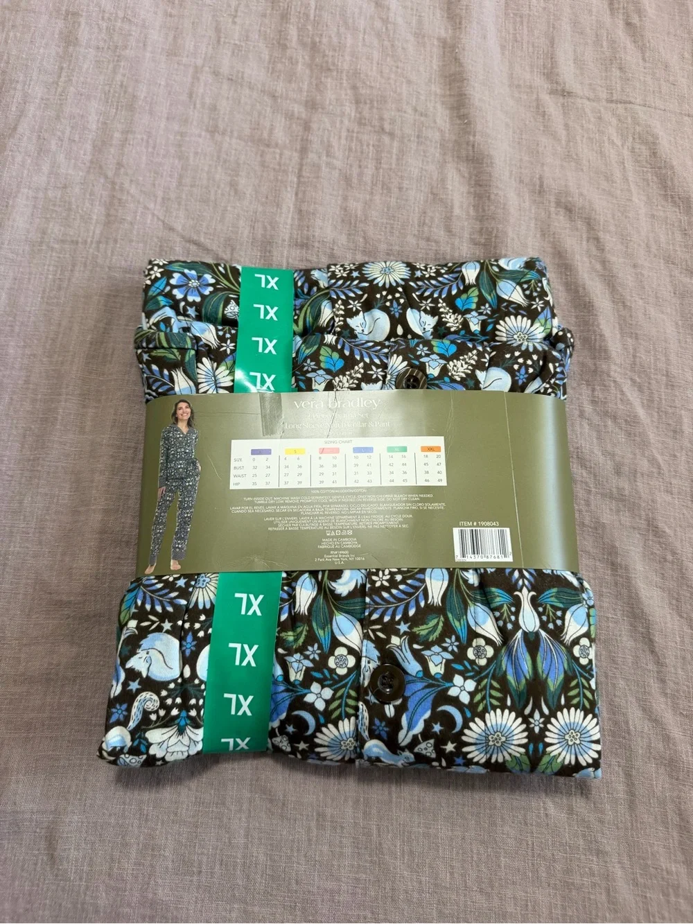 NWT Vera Bradley 2-Piece Pajama Set Blue Black Floral Size XL 100% Cotton Lounge - Picture 6 of 7